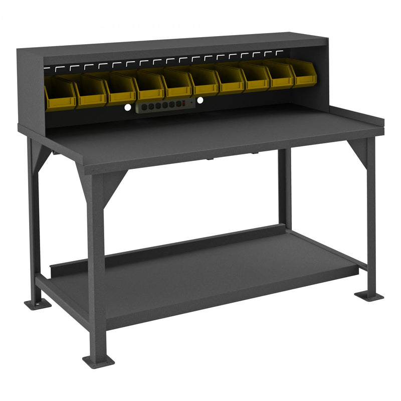 Durham Heavy Duty Workbench, 60 x 30, 12 Gauge, Steel Top, Bottom Shelf with Back Stop, Power Strip