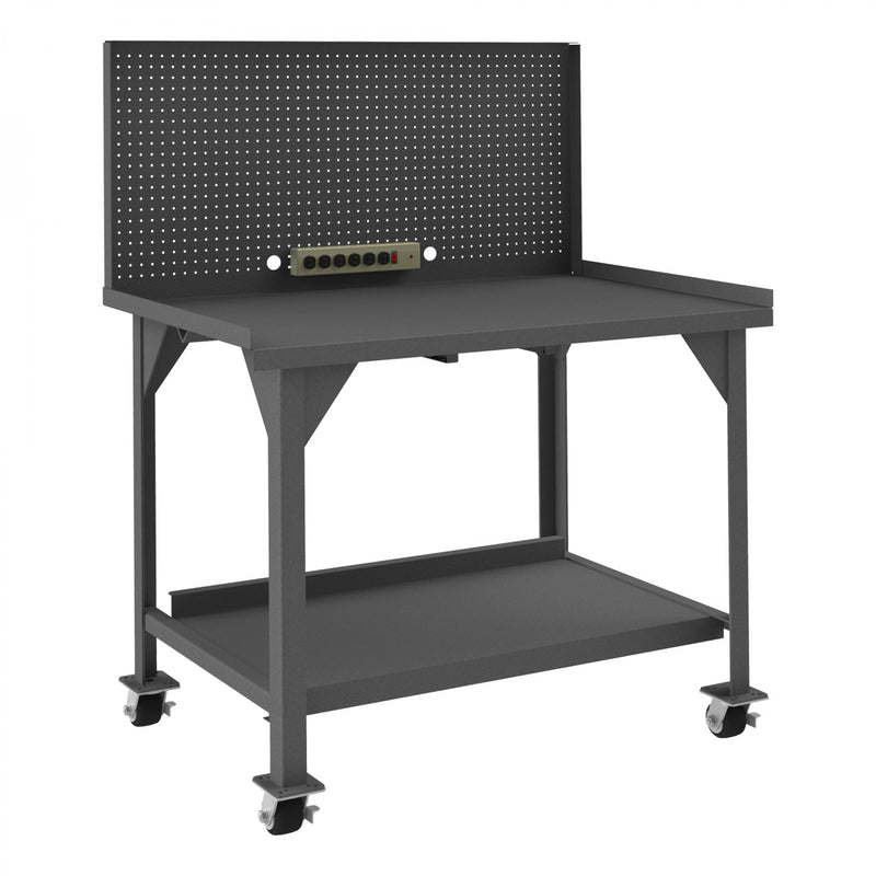 Durham Mobile Workbench, 48 x 30, 12 Gauge, Steel Top, 1-1/2" End Stops, Pegboard Panel, Power Strip