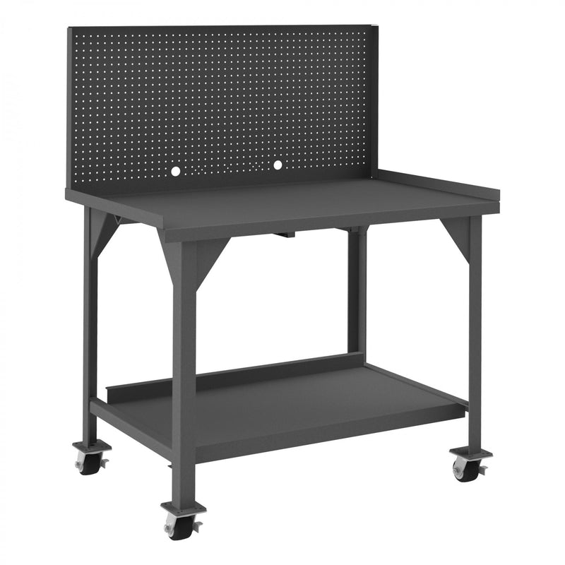 Durham Mobile Workbench, 48 x 30, 12 Gauge, Steel Top, 1-1/2" End Stops, Pegboard Panel