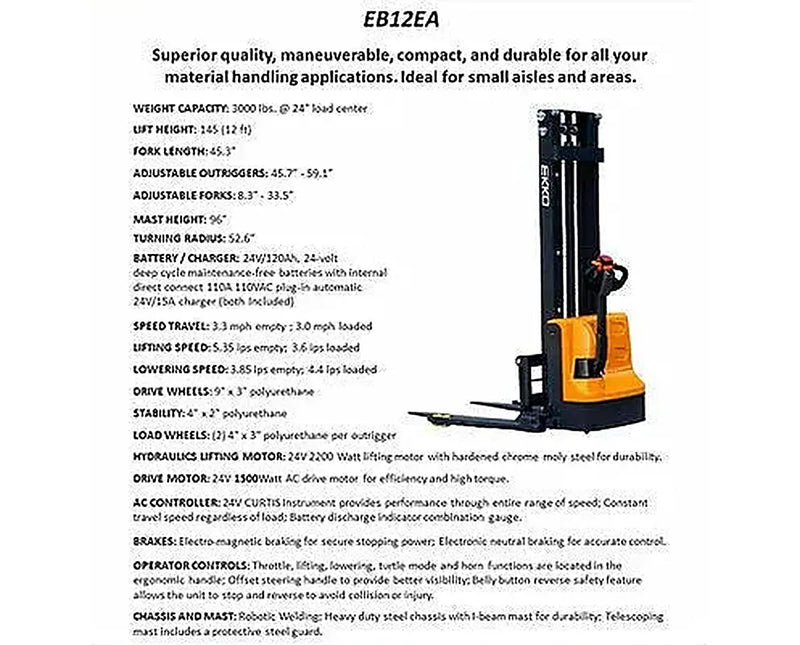 EKKO Electric Pallet Stacker EB12EA with 3000 lbs capacity and adjustable forks for material handling