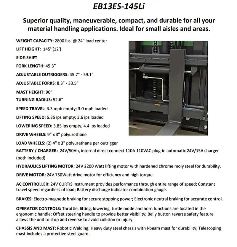 EKKO Electric Pallet Stacker EB13ES-145Li compact durable and maneuverable material handling equipment