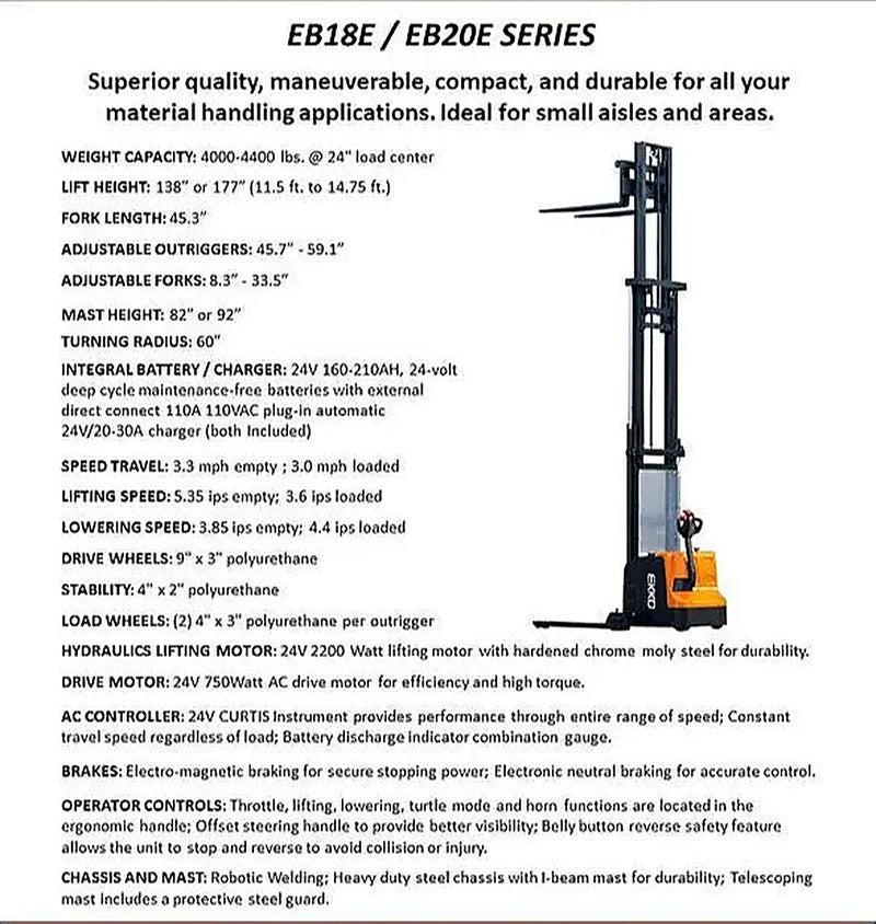 EKKO EB20E electric forklift with compact design, adjustable forks, and sturdy mast for material handling