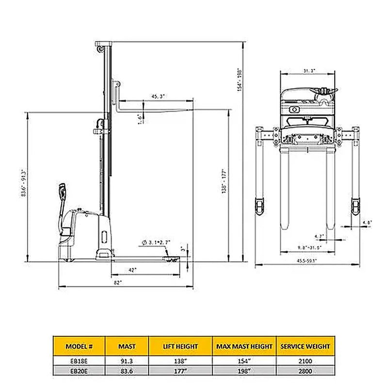 Technical drawing and dimensions of EKKO EB20E forklift with mast height 83.6 inches and lift height 177 inches