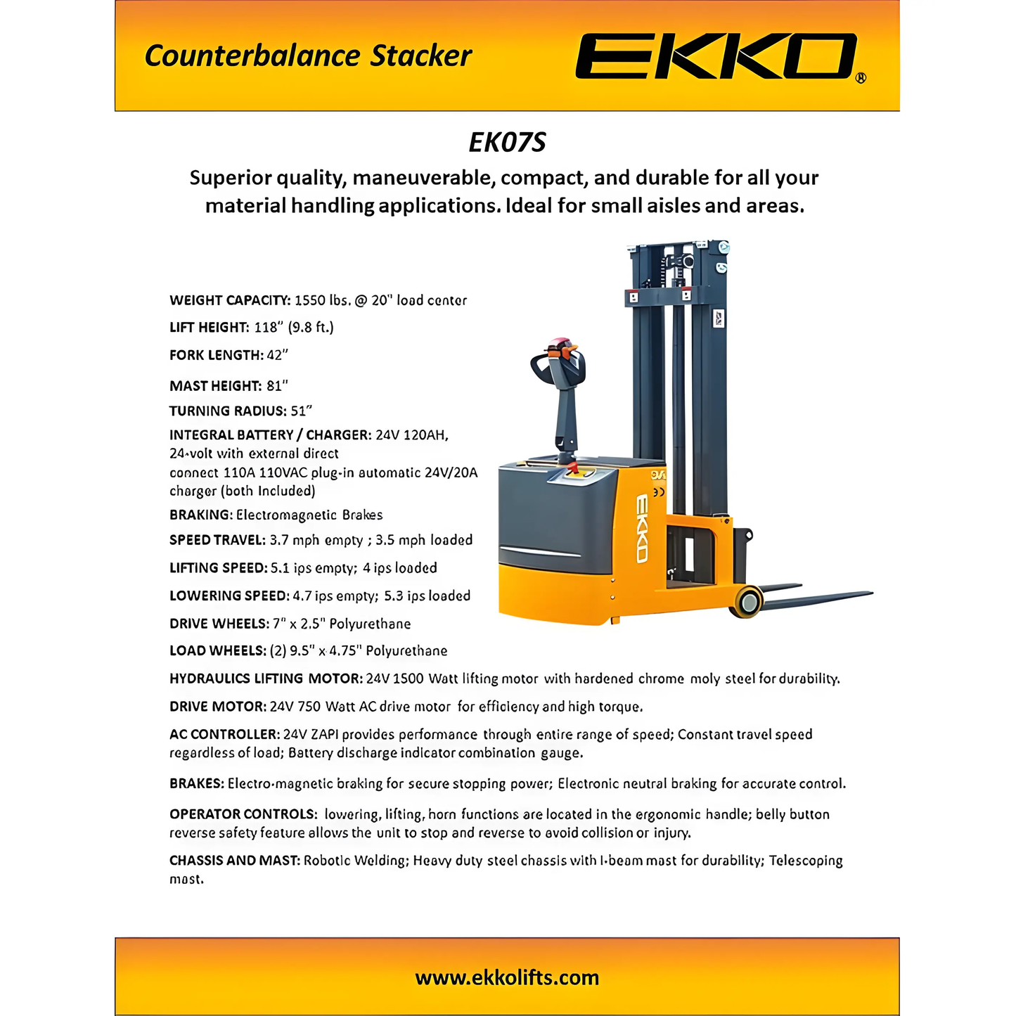 EKKO EK07S Counterbalance Walkie Stacker 1550lbs. Cap., 118" Height