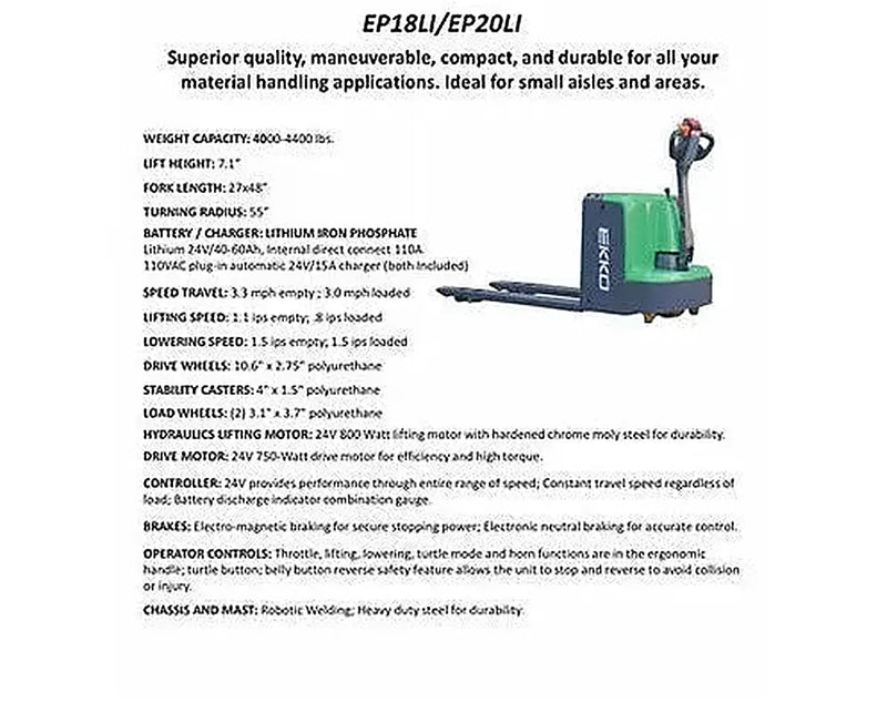 EKKO EP18Li electric pallet jack with compact design, ergonomic handle, and durable construction for material handling