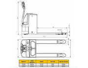 Technical drawing and specifications of EKKO EP18Li electric pallet jack with 4000lb load capacity