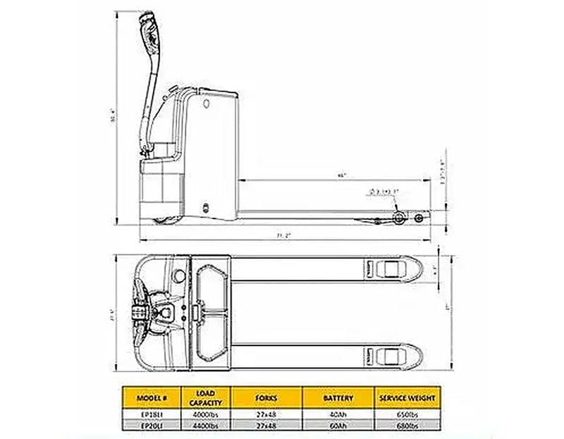 Technical drawing and specifications of EKKO EP18Li electric pallet jack with 4000lb load capacity