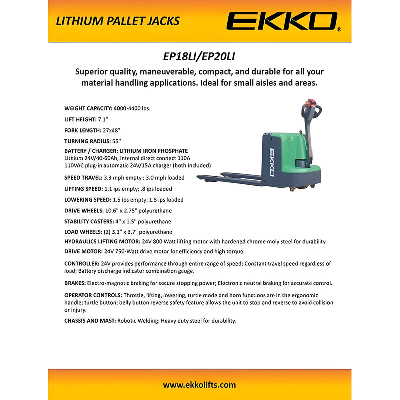 EKKO EP20LI Lithium Iron Phosphate Pallet Jack 4400 lb Capacity EKKO