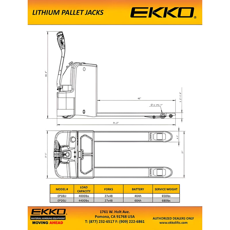EKKO EP20LI Lithium Iron Phosphate Pallet Jack 4400 lb Capacity EKKO