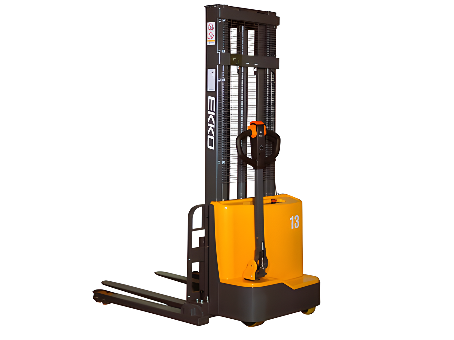 Orange and black electric stacker forklift with upright forks on white background.