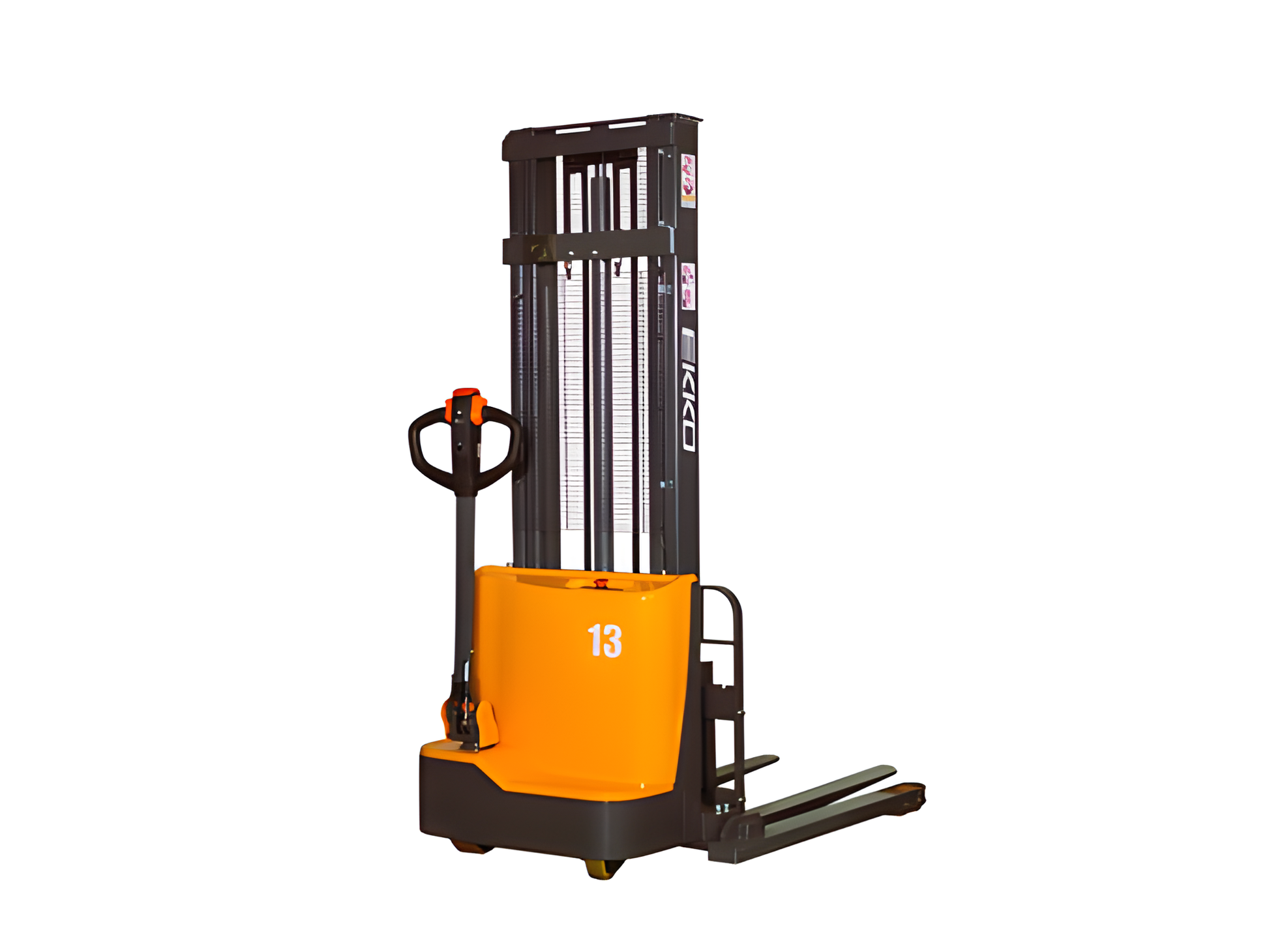 Orange and black electric stacker forklift with lowered forks on white background.