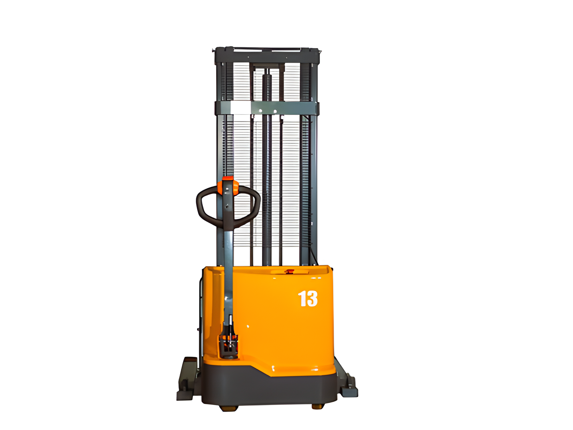 Front view of orange and black electric stacker forklift with handle.