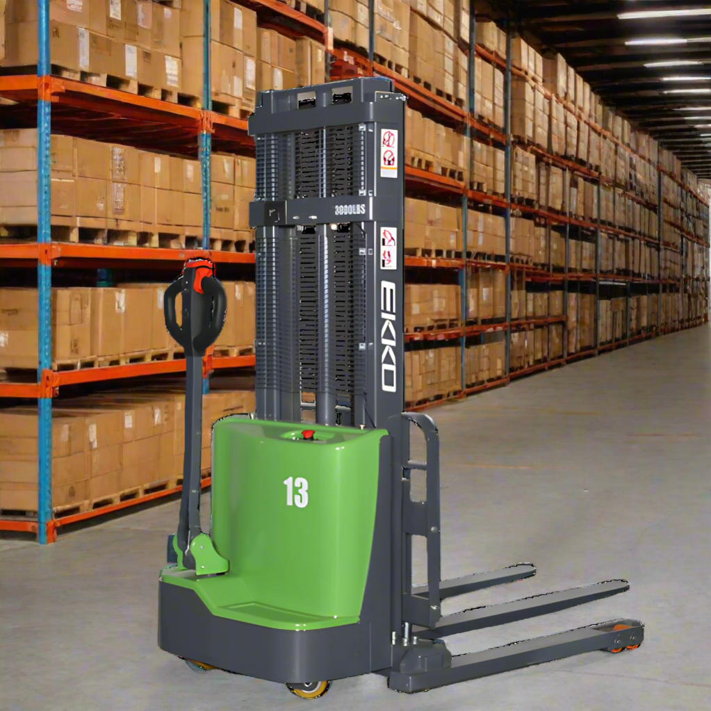 EKKO straddle stacker in a warehouse with organized shelving.