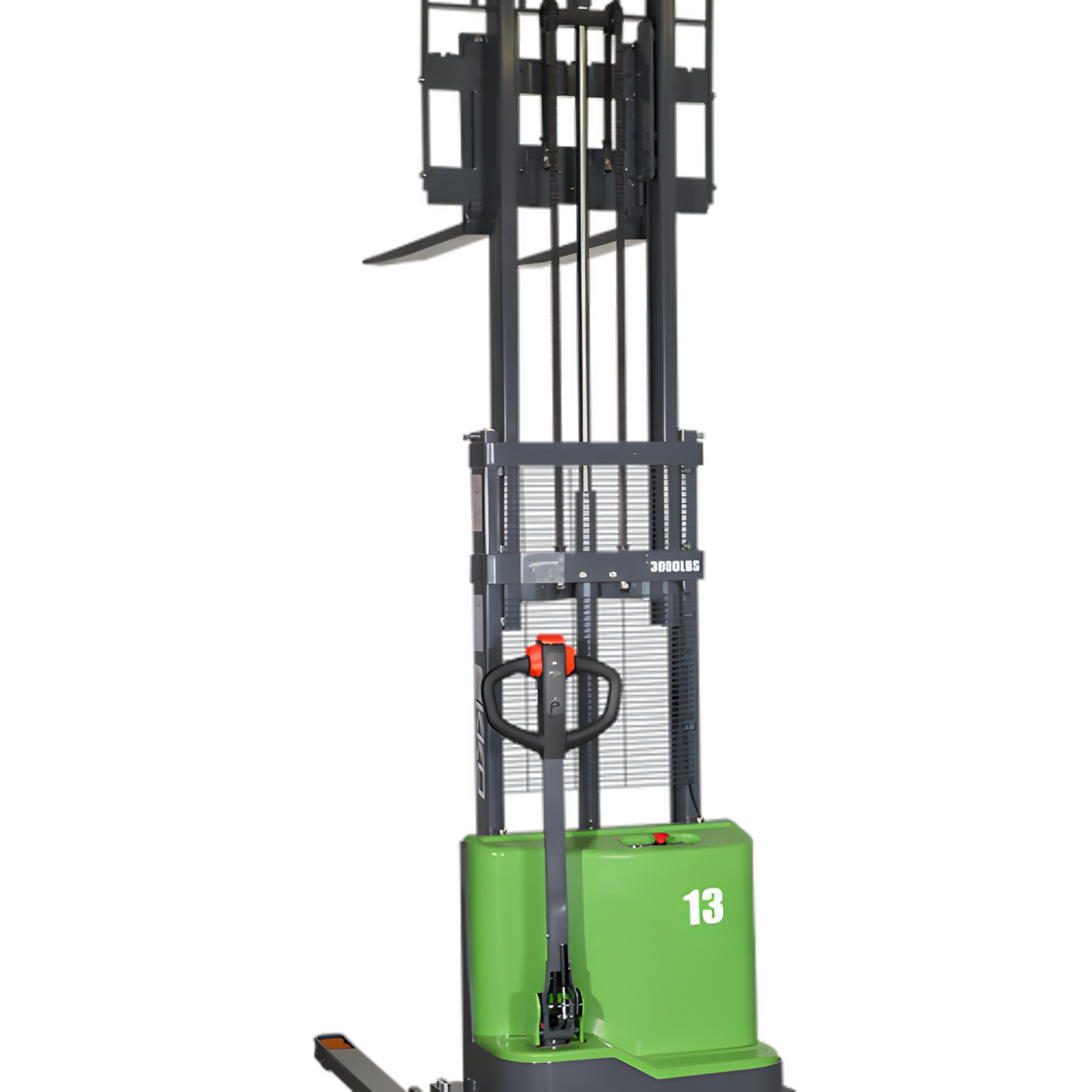 Front view of green EKKO straddle  stacker with raised forks.