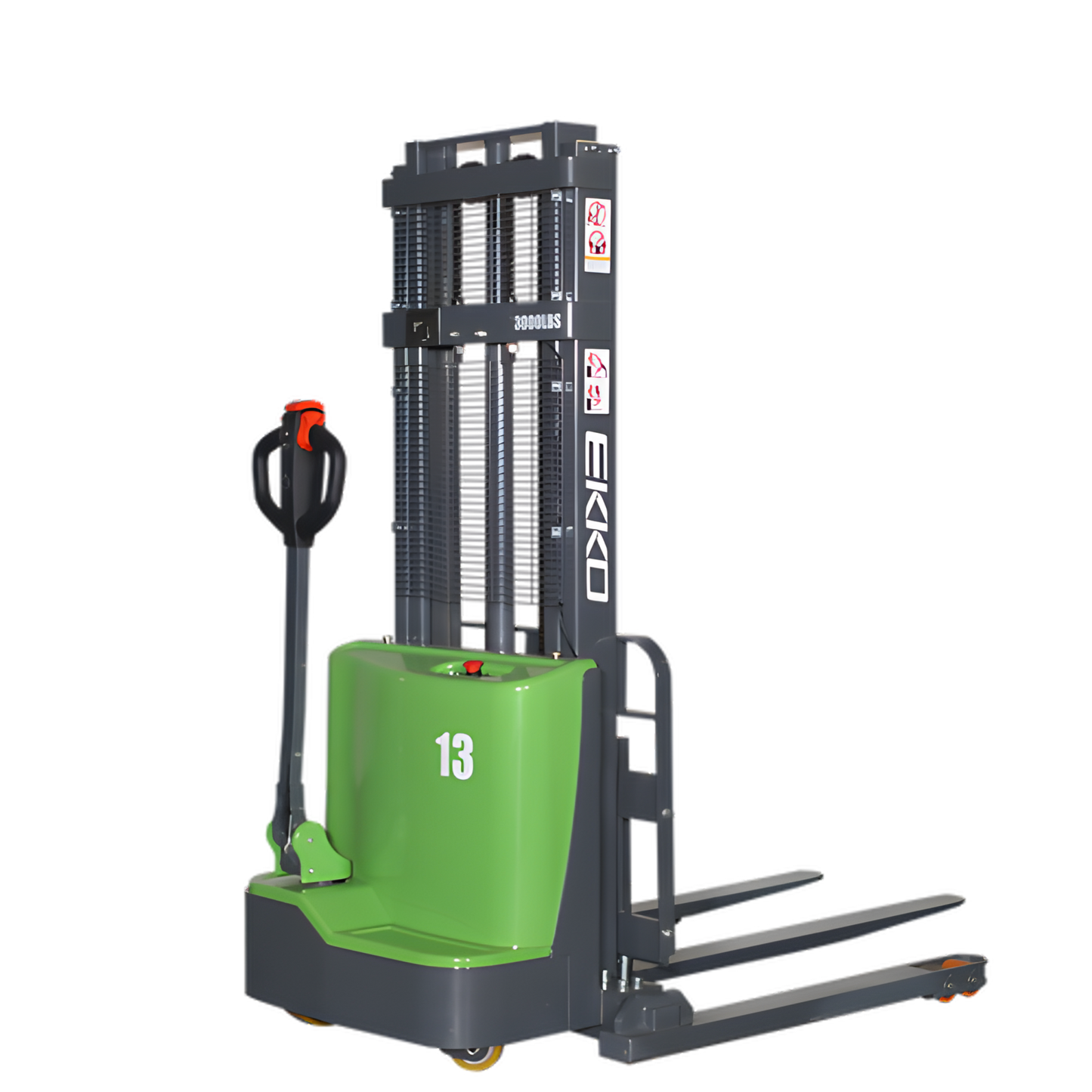 Green EKKO straddle stacker with lifting mechanism and ergonomic controls.