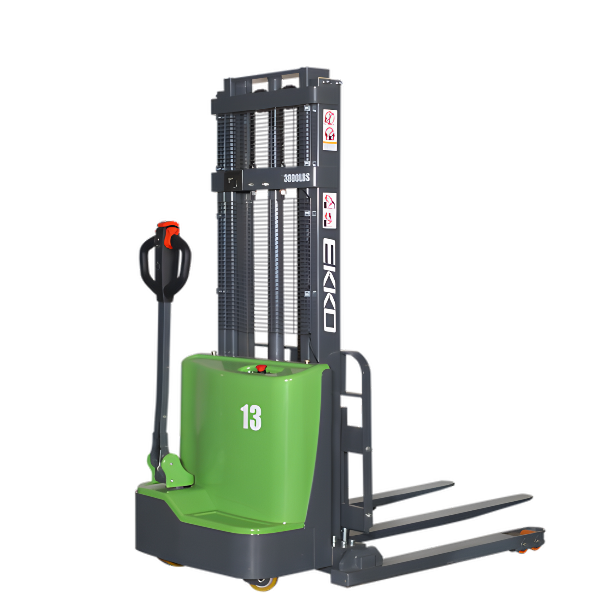 Green EKKO straddle stacker with lifting mechanism and ergonomic controls.