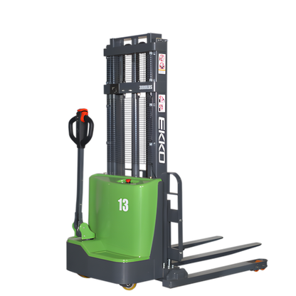 Green EKKO straddle stacker with lifting mechanism and ergonomic controls.