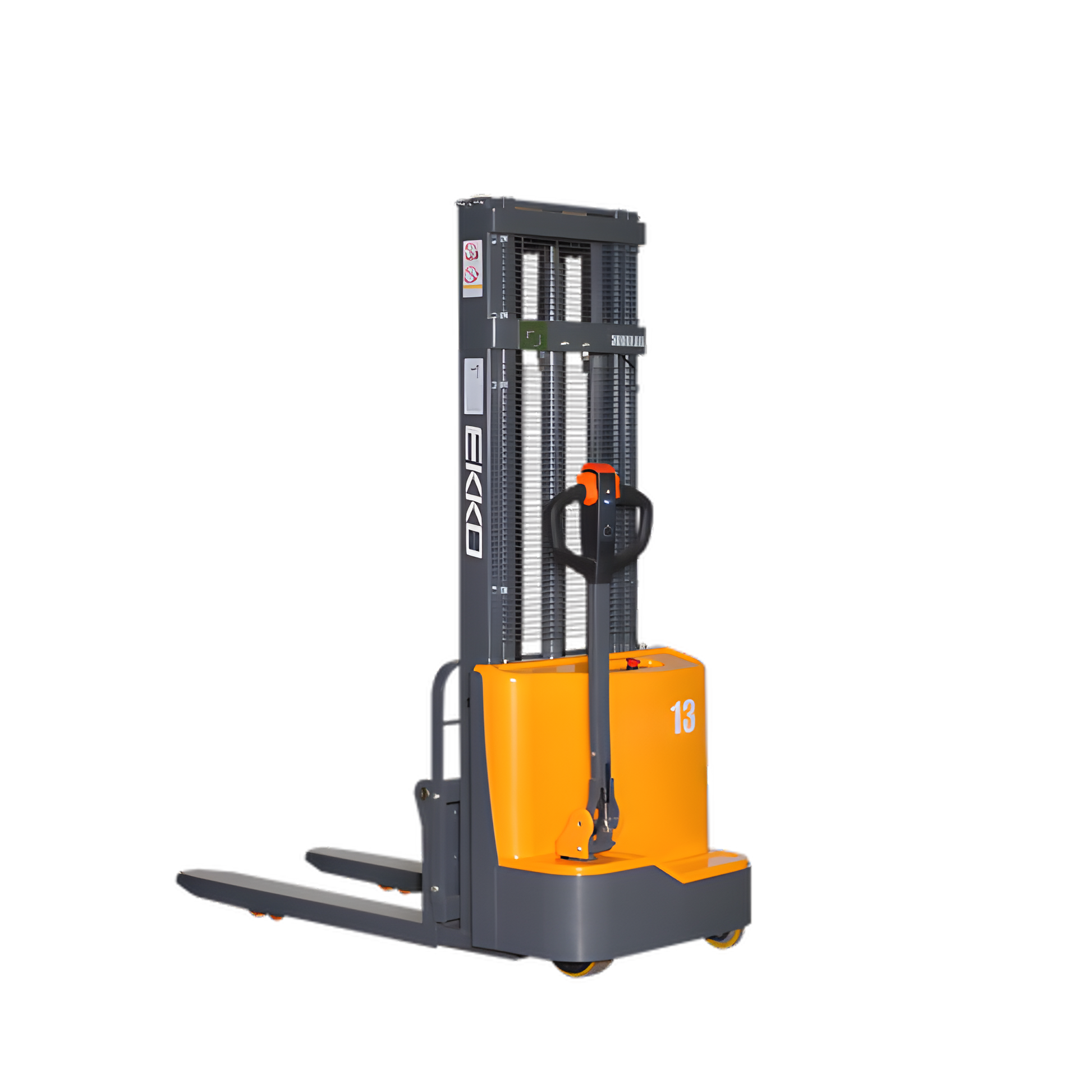 Orange and grayfork over stacker forklift with upright handle and forks.