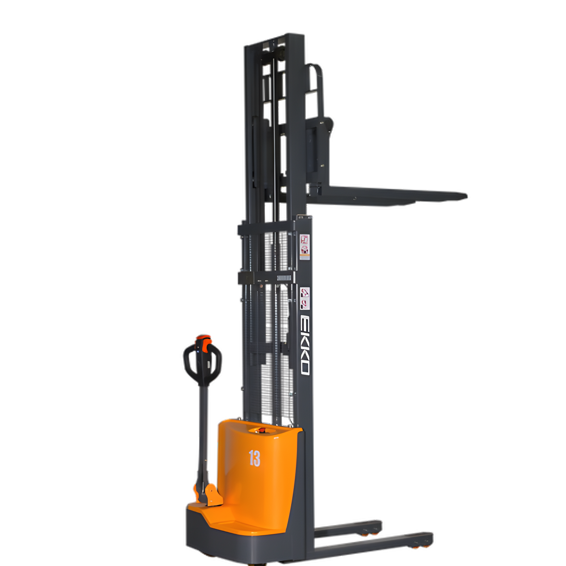 Orange and gray electric stacker forklift with extended upright forks.