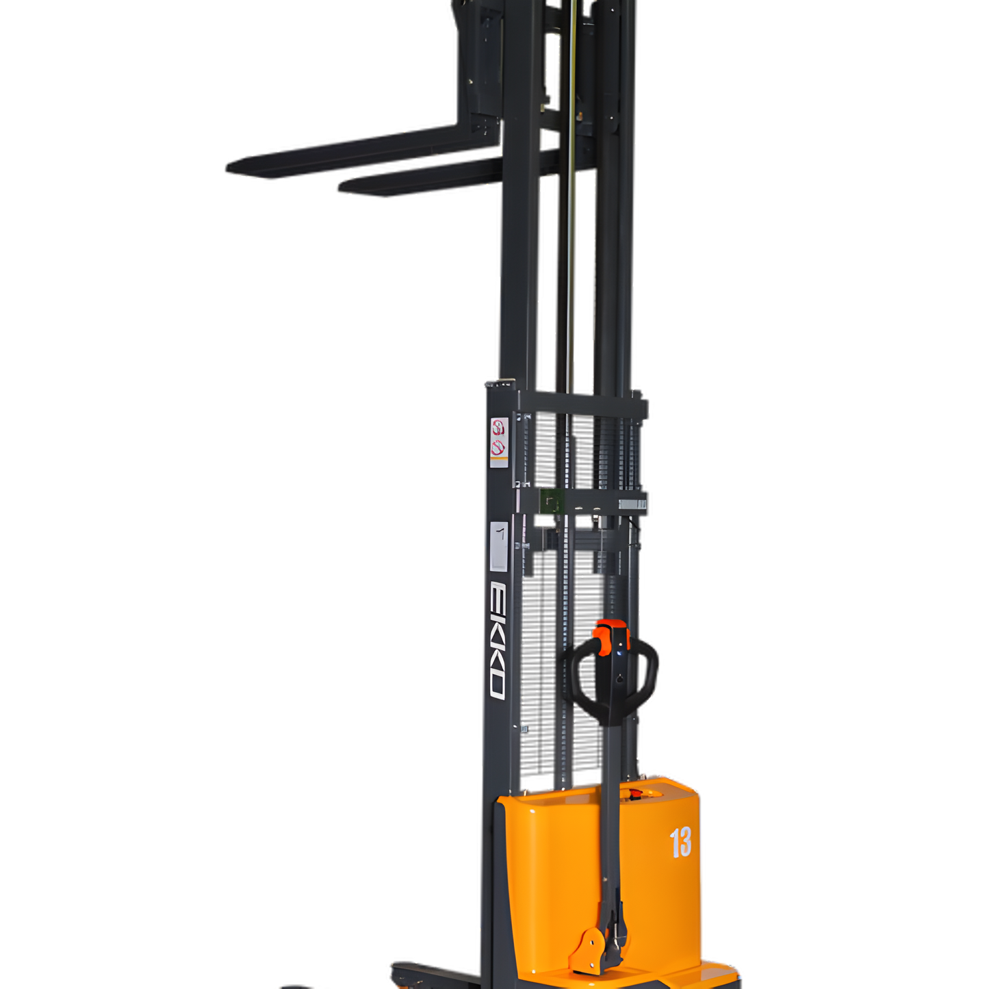 Orange and gray electric stacker forklift with elevated forks and controls.