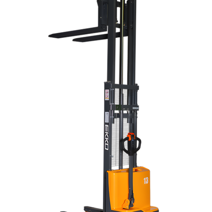 Orange and gray electric stacker forklift with elevated forks and controls.