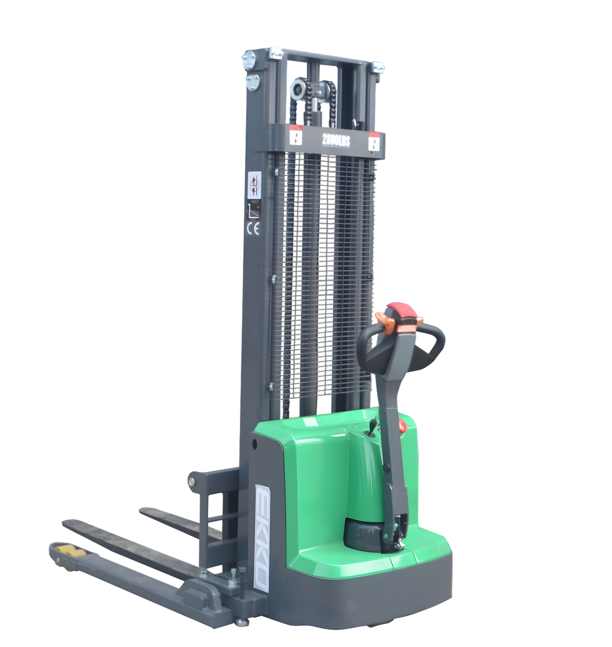 Compact green electric forklift with ergonomic handle for efficient warehouse operations.