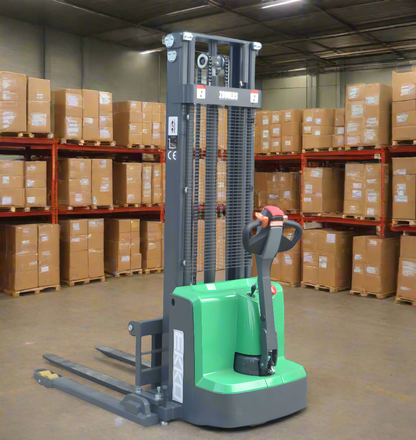 Electric stacker designed for efficient warehouse inventory management.