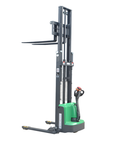 Green electric forklift with raised forks, ideal for warehouse stacking tasks.