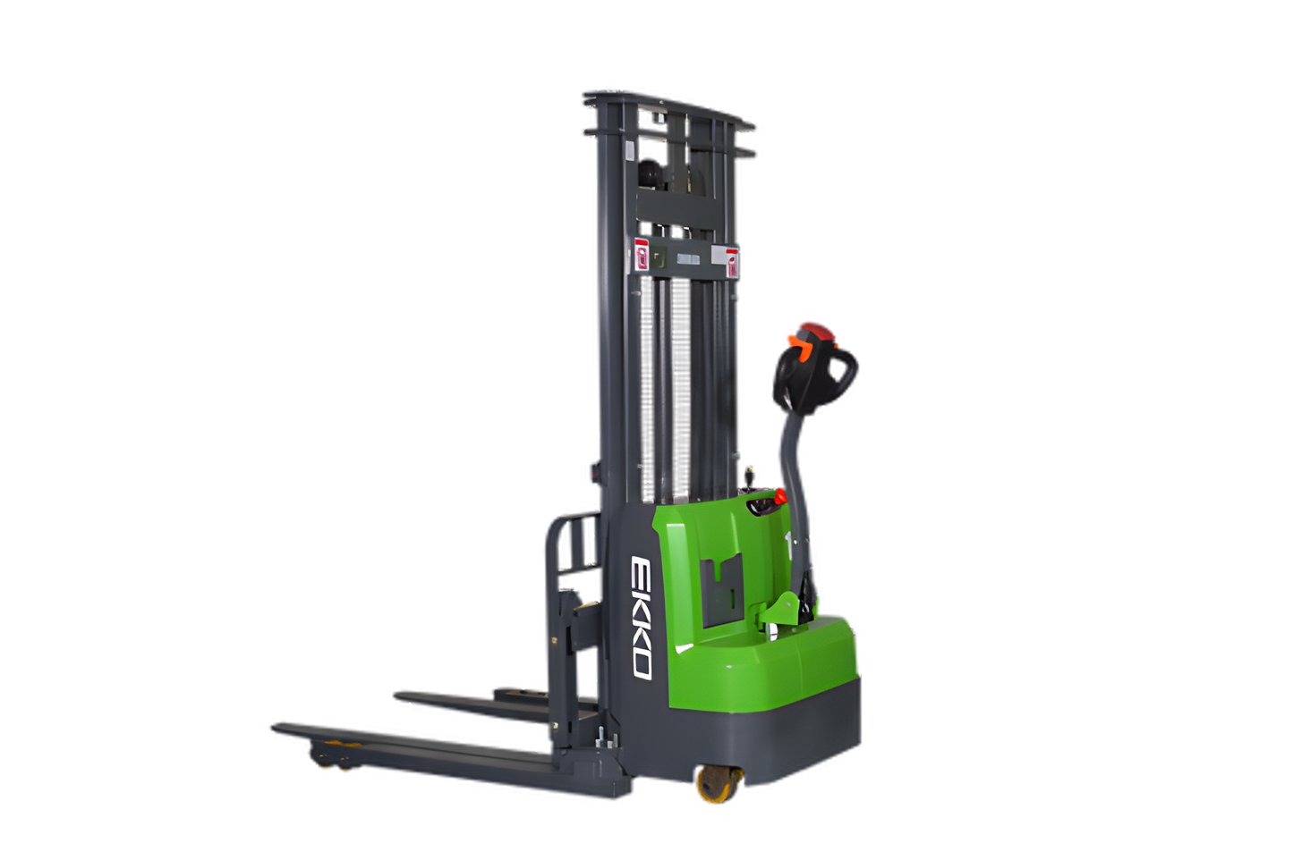 Green EKKO lithium straddle stacker with visible forks and ergonomic handle