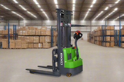 EKKO lithium straddle stacker in a large warehouse with stacked pallets.