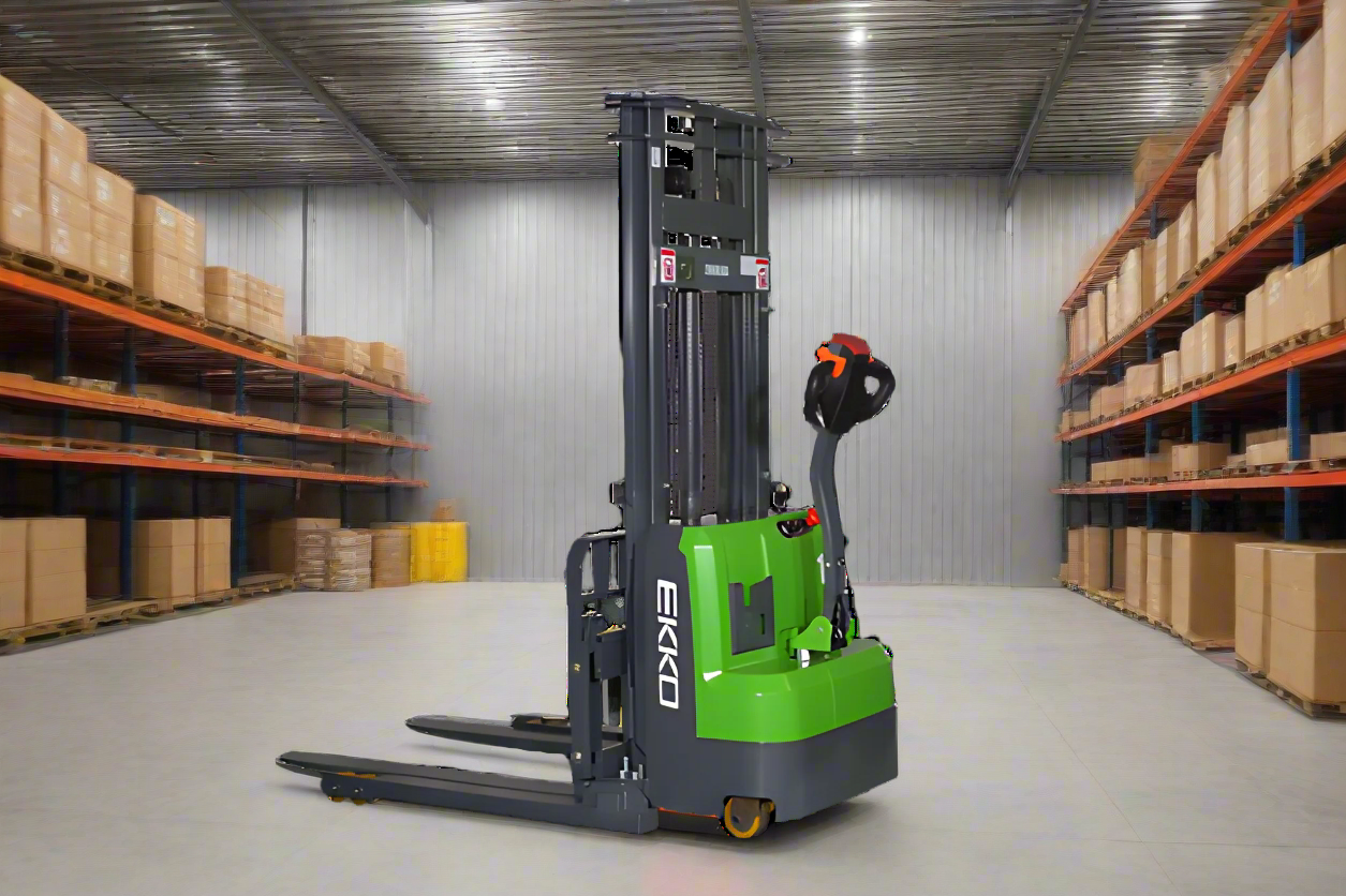 High-performance stacker in a spacious, organized warehouse setting