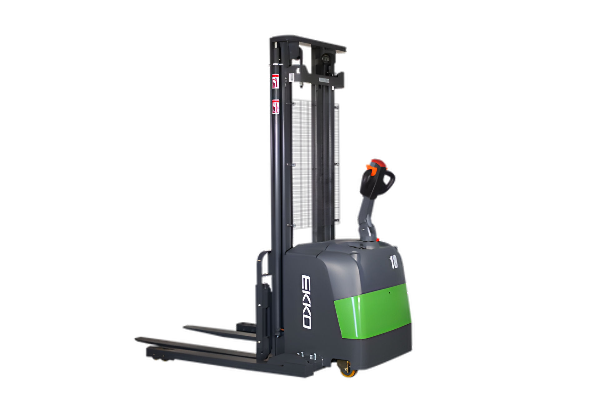 Electric stacker forklift with gray body, green accents, and lowered forks.