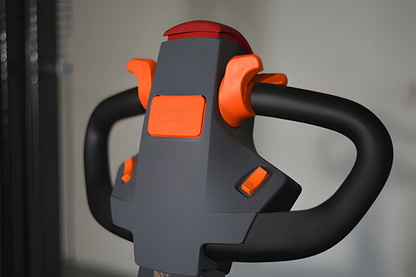 Close-up of forklift handle with orange controls and red emergency stop.