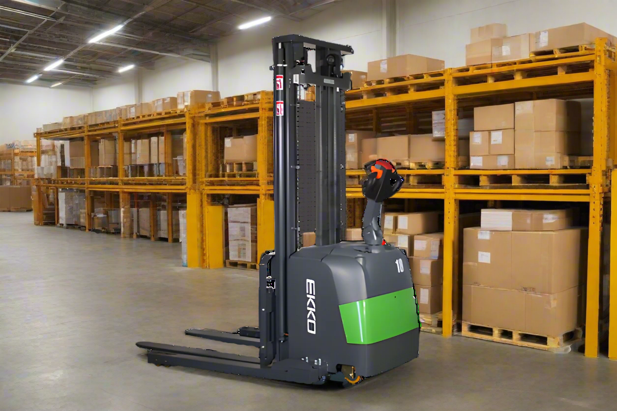 Electric stacker showcased in a busy warehouse environment.