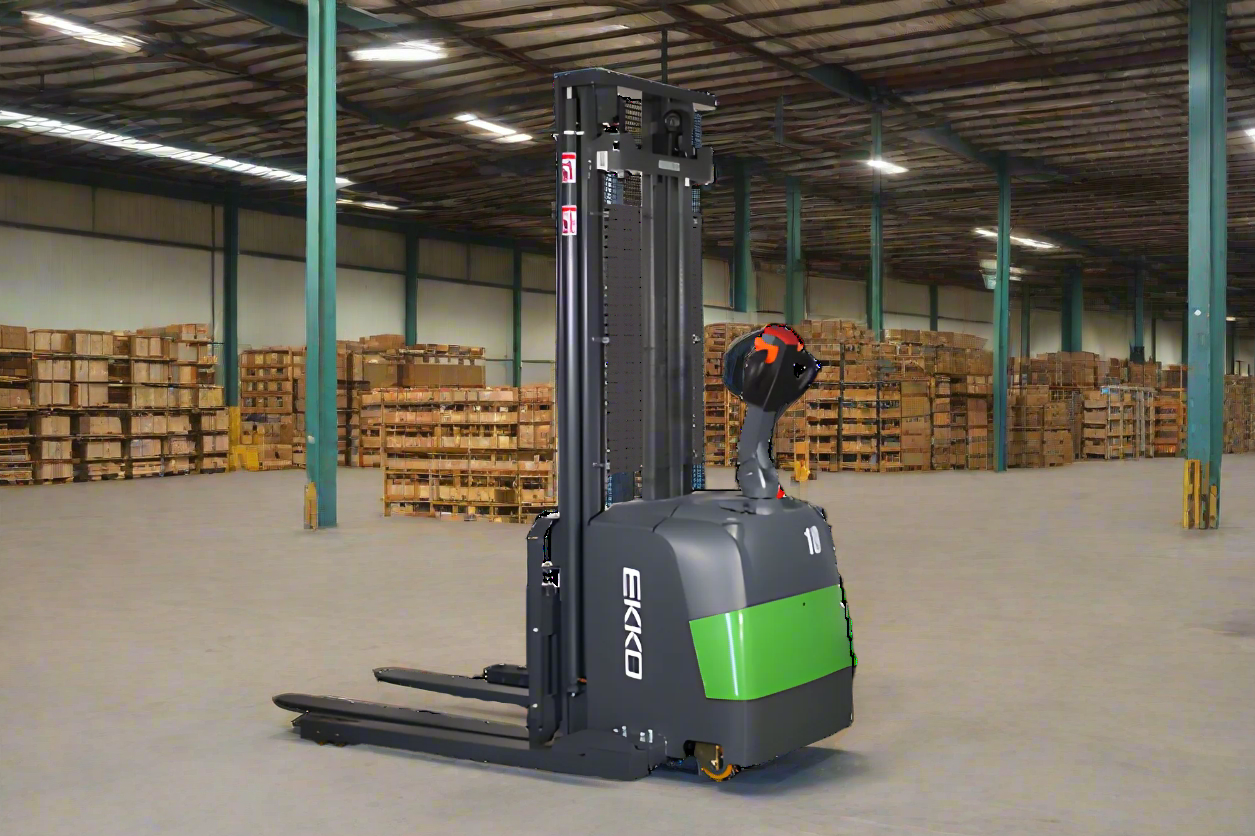 Electric stacker showcased in a busy warehouse environment.