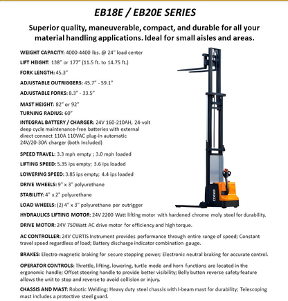 electric straddle stacker full description  and difference between 18E and EB20E series