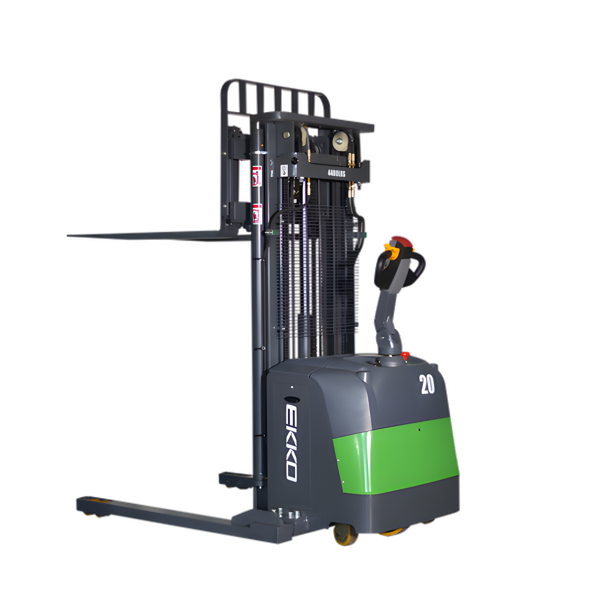 Electric straddle stacker forklift with green and gray color scheme.