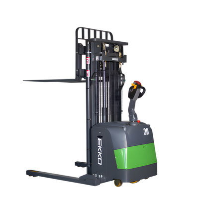 Electric straddle stacker forklift with green and gray color scheme.