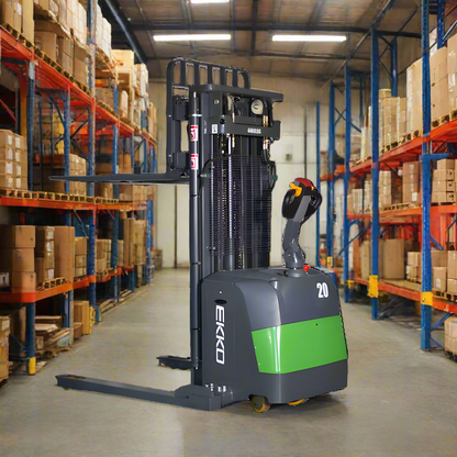 Electric pallet stacker forklift in warehouse surrounded by shelves and boxes.