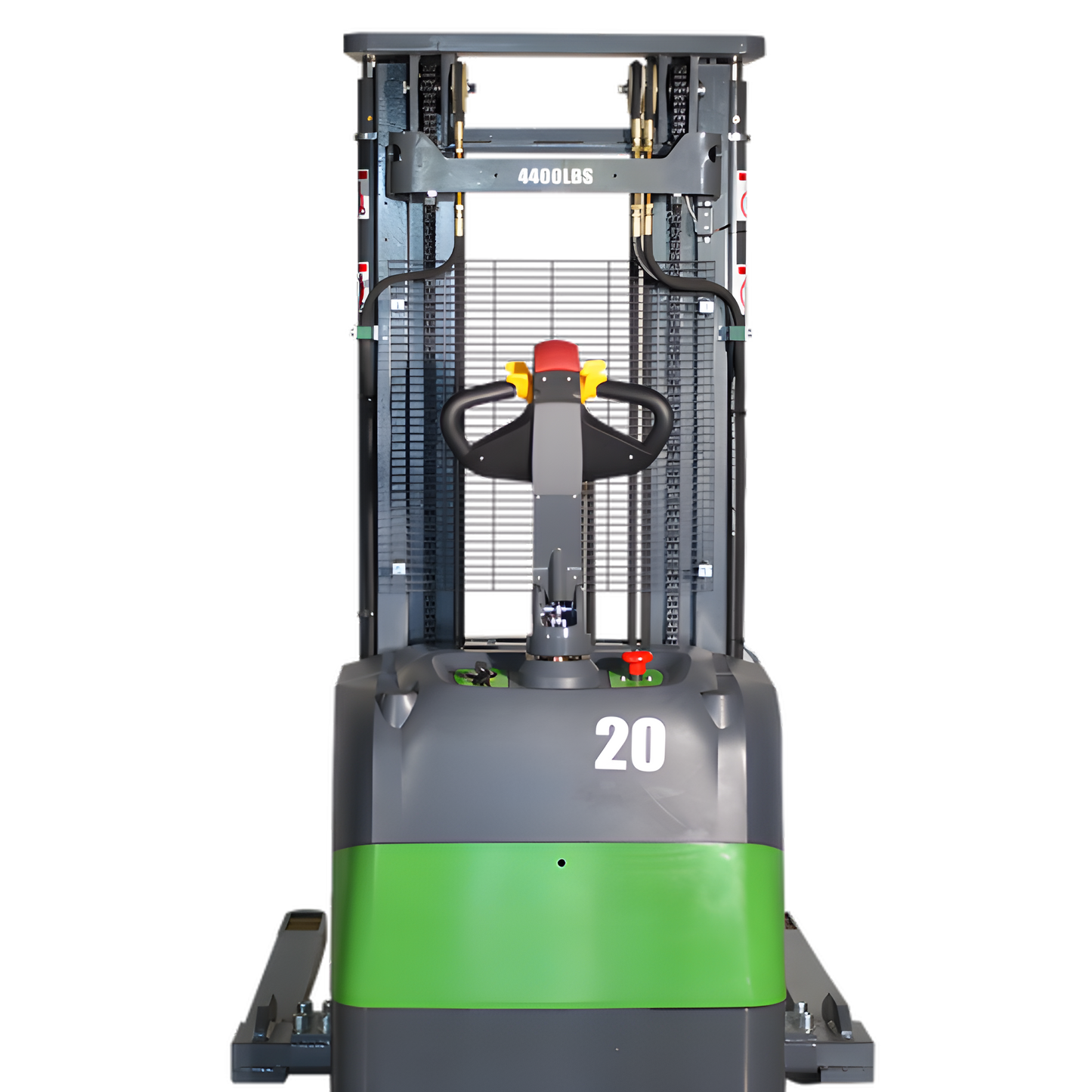 Front view of electric pallet stacker forklift with control handle.