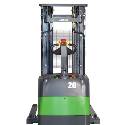 Front view of electric pallet stacker forklift with control handle.