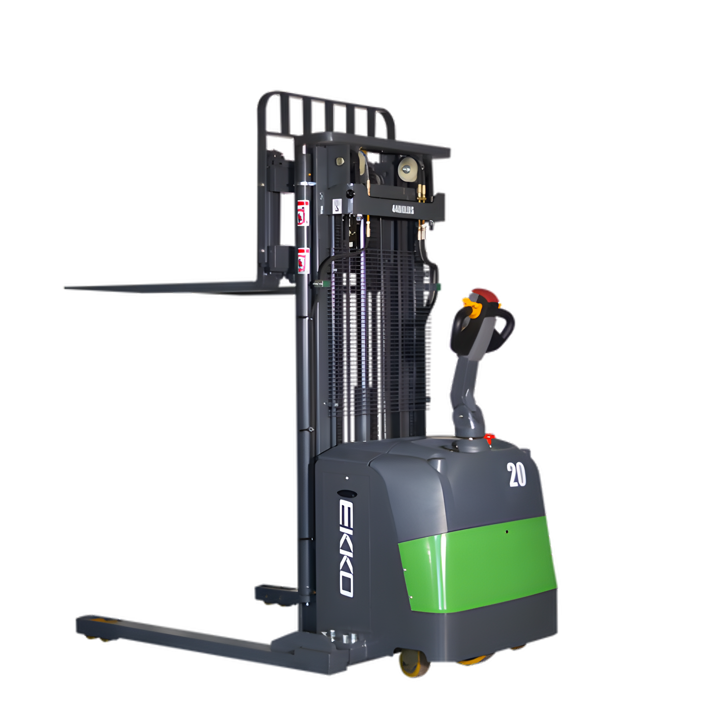 Electric straddle stacker forklift with green and gray color scheme.