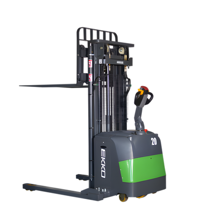 Electric straddle stacker forklift with green and gray color scheme.