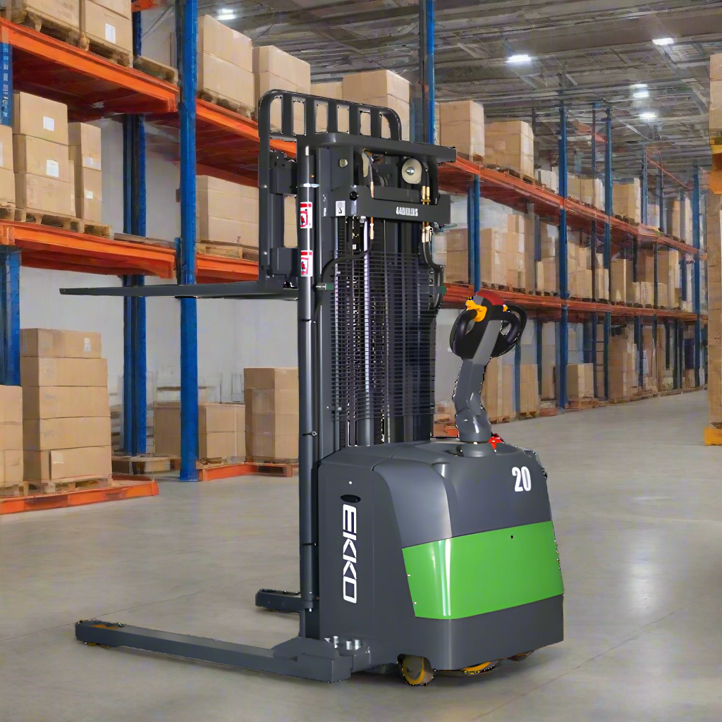 Electric straddle stacker forklift in warehouse surrounded by shelves and boxes.