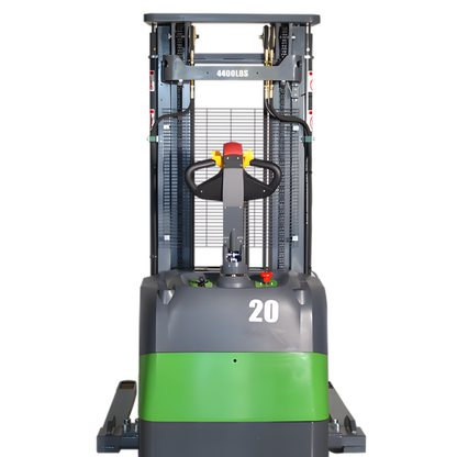 Front view of electric straddle stacker forklift with control handle.