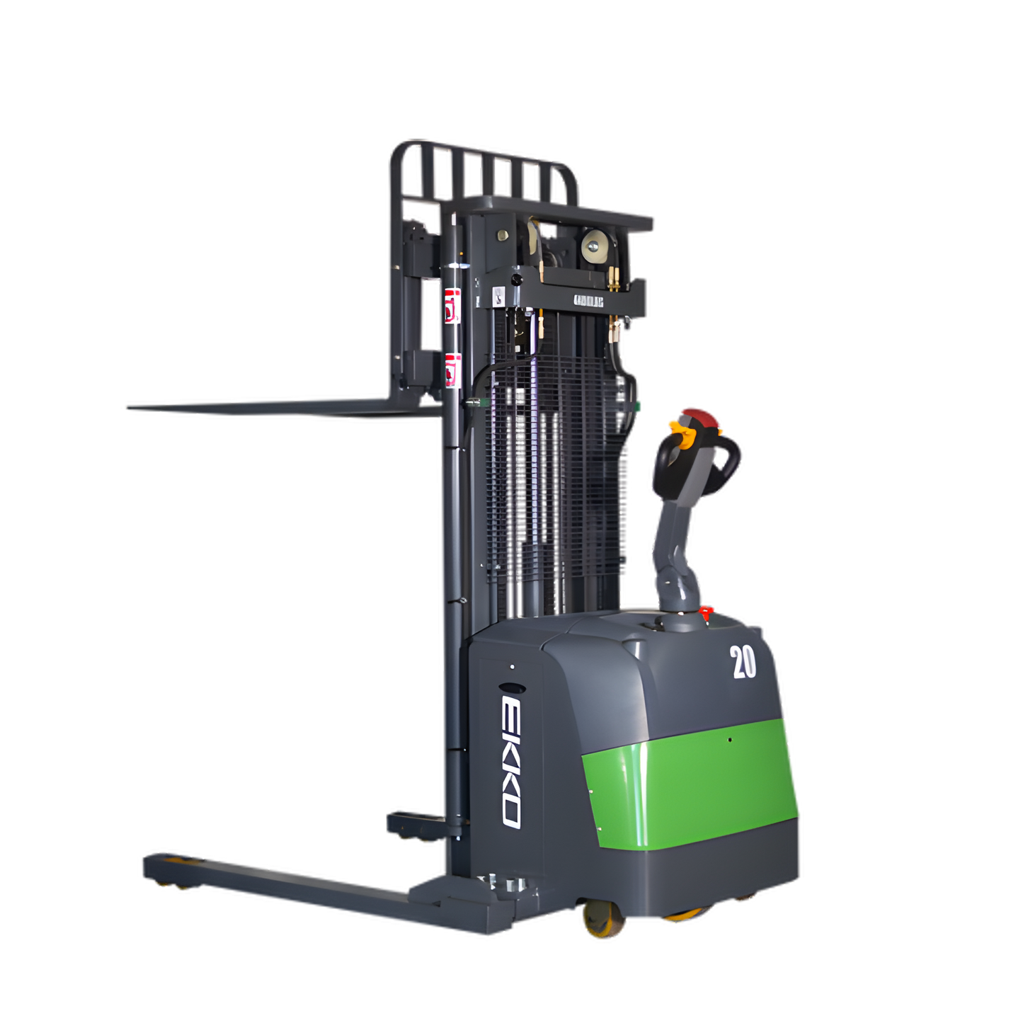 Electric straddle stacker forklift with green and gray color scheme.