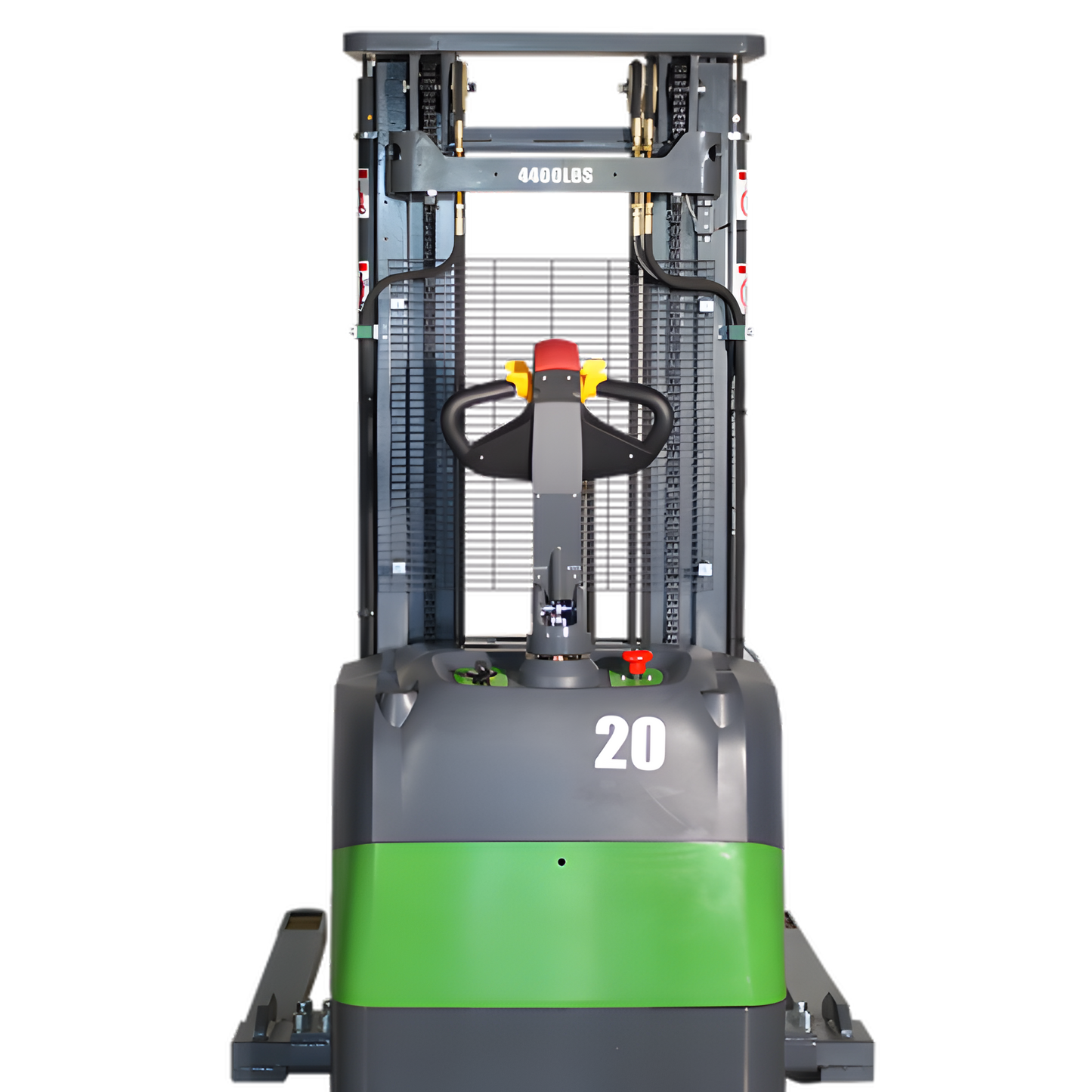 Front view of electric straddle stacker forklift with control handle.