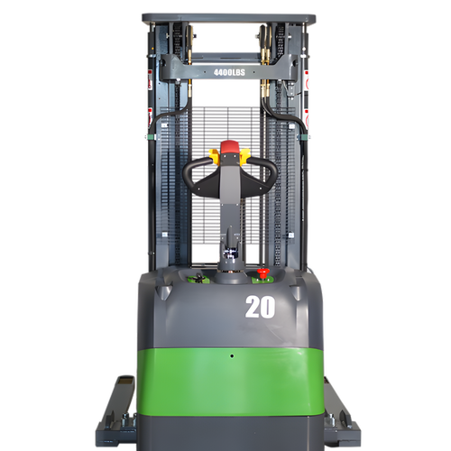 Front view of electric straddle stacker forklift with control handle.