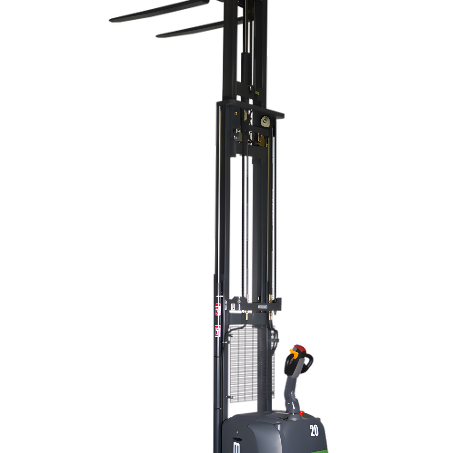 Extended forklift mast with lifting forks and control handle visible.