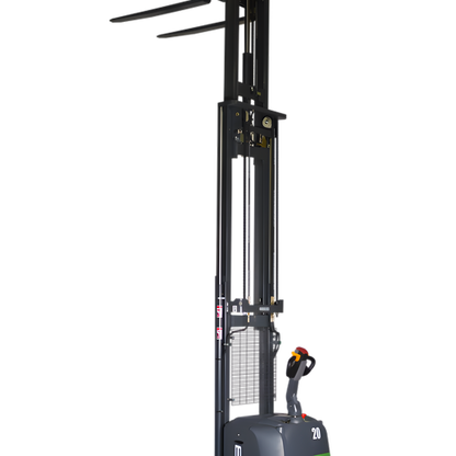 Extended forklift mast with lifting forks and control handle visible.